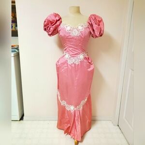 80s Pink Vintage Handmade Puff Sleeves Off Shoulders Satin Dress